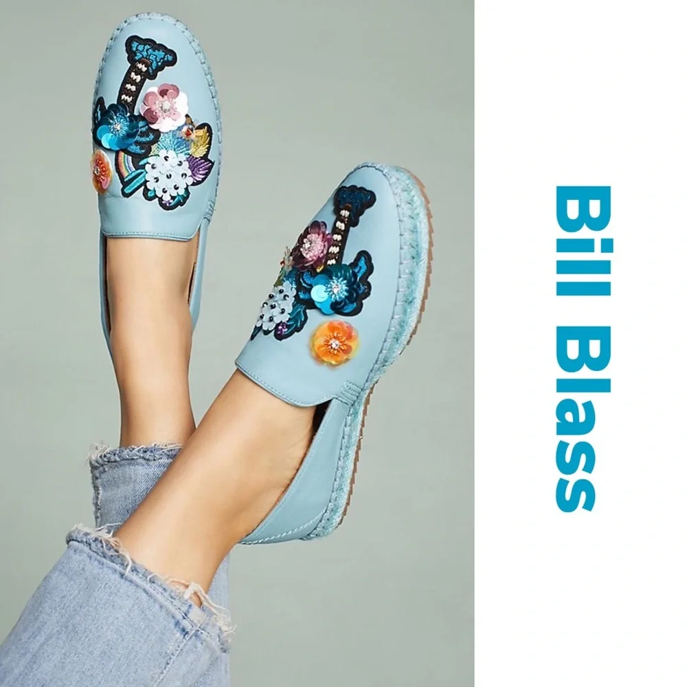 Bill Blass Sutton Espadrille Aqua Leather Sequin Floral Flats NWT SZ 8 Dopamine